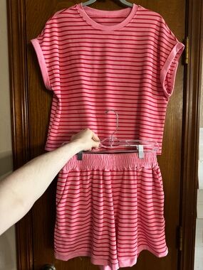 Amazon Pink and Red Striped Two-Piece Lounge Set